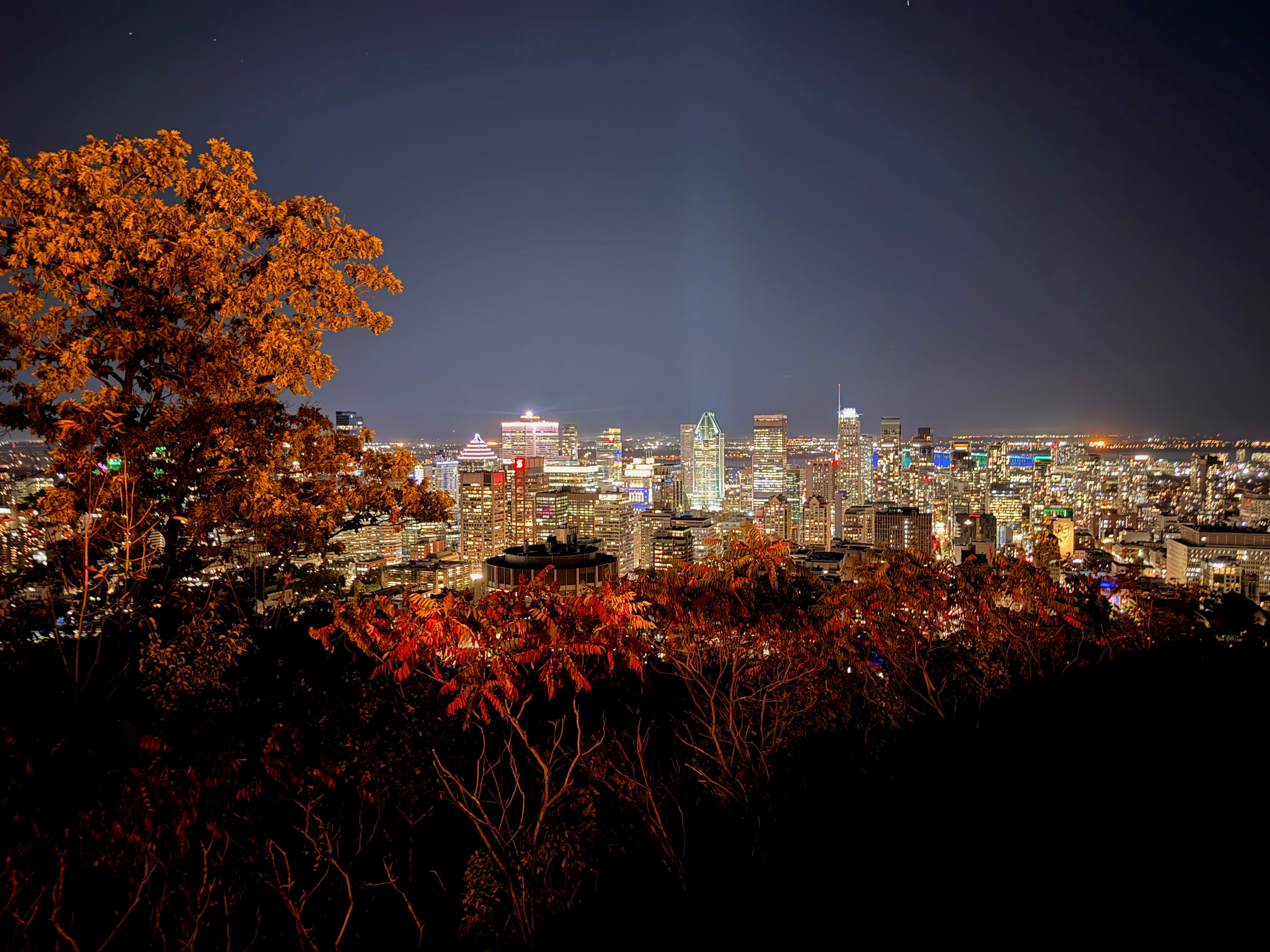 City lights reflecting in the water at night